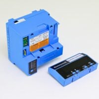 Honeywell RM7800L1012 burner control module angled view with detached S7800A1001