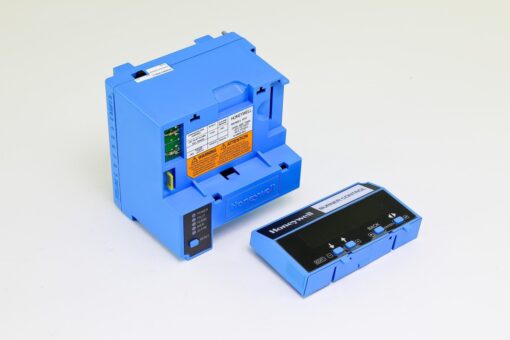 Honeywell RM7800L1012 burner control module angled view with detached S7800A1001