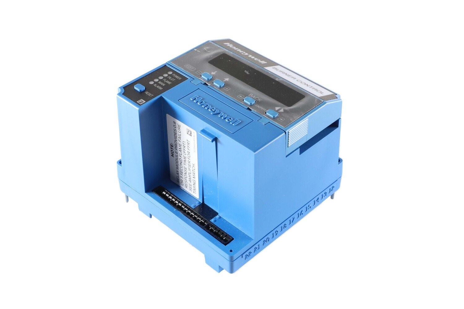 Angled view of Honeywell RM7838B1013 Burner Control Module