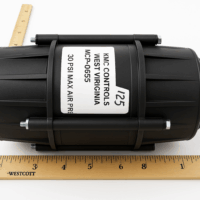 KMC Controls MCP-0655 Pneumatic Actuator – HVAC damper actuator replacement part, black cylindrical body, shown with measurement scale.