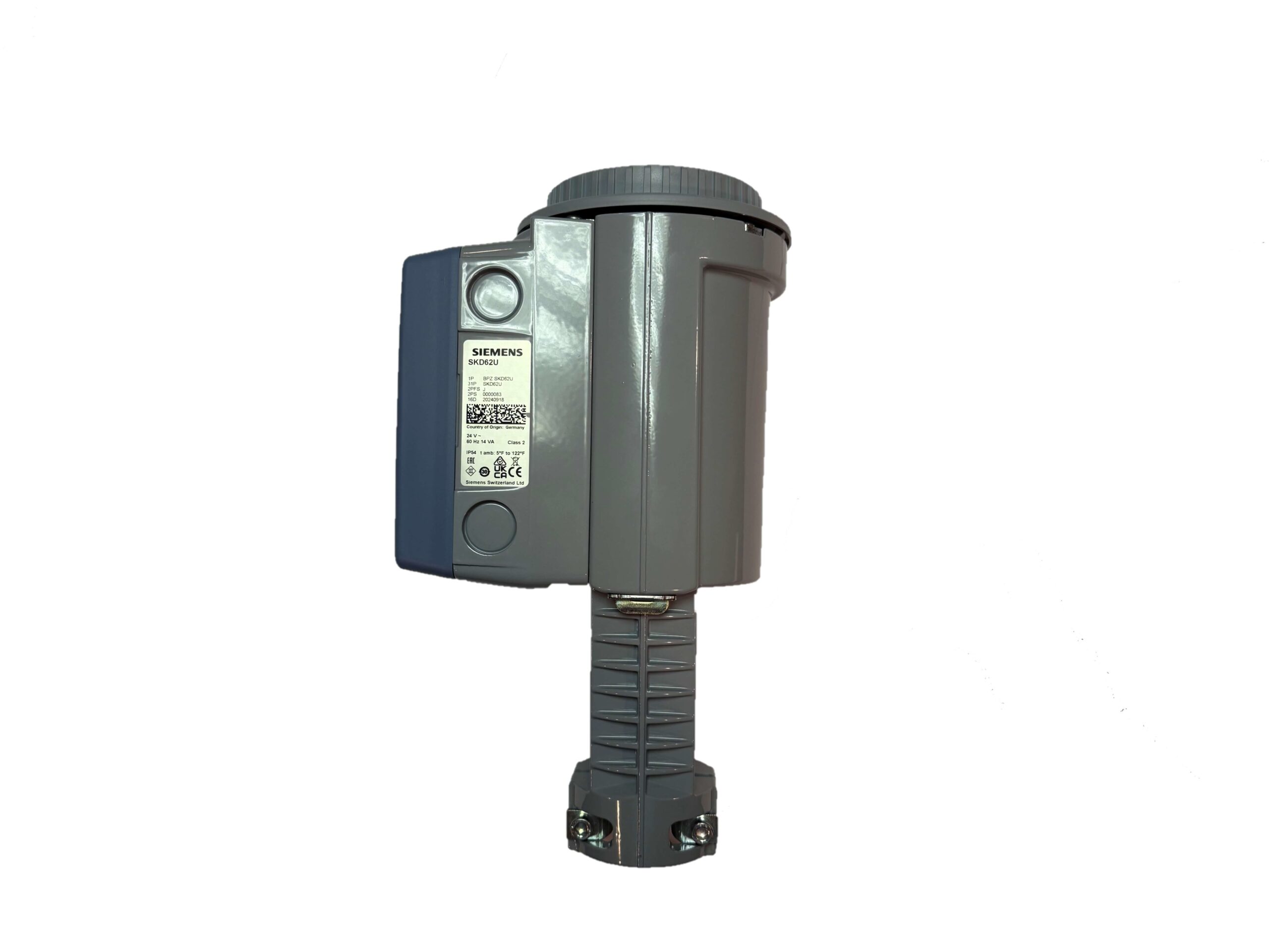Side view of Siemens SKD62U valve actuator for HVAC control and replacement