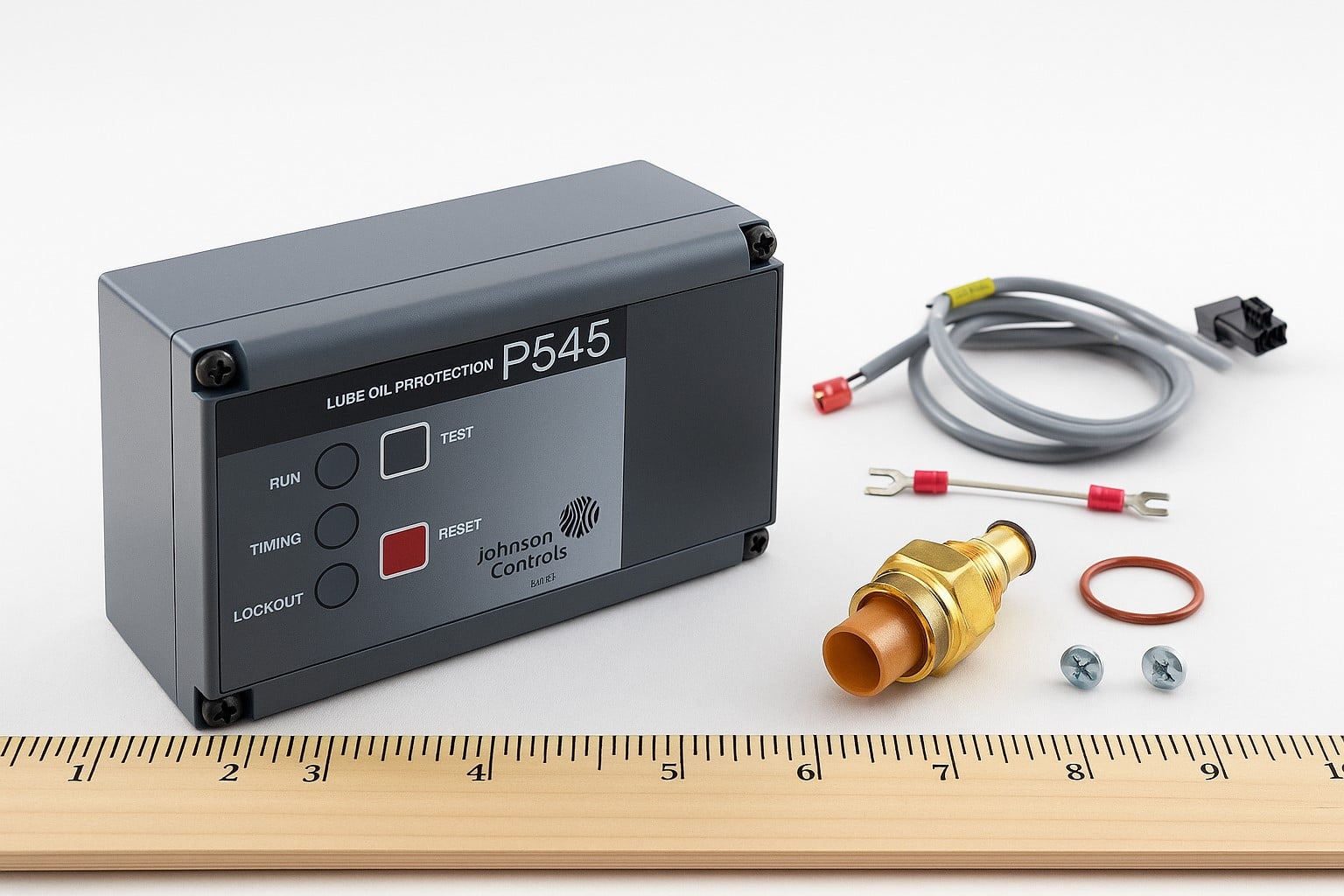 Johnson Controls P545NCB-82C electronic lube oil protection control with sensor, wiring harness, and accessories for Carlyle compressors.